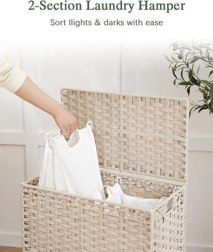 Laundry Hamper with Lid, 112 L Handwoven Rattan Wicker Laundry Basket, 2 Removable Liner Bags Metal Heightened Feet, 6 Mesh Bags, 2 Section Large Clothes Hamper for Bathroom Bedroom, Natural