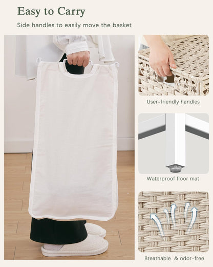 Laundry Hamper with Lid, 112 L Handwoven Rattan Wicker Laundry Basket, 2 Removable Liner Bags Metal Heightened Feet, 6 Mesh Bags, 2 Section Large Clothes Hamper for Bathroom Bedroom, Natural