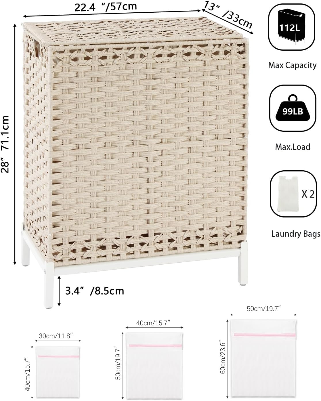 Laundry Hamper with Lid, 112 L Handwoven Rattan Wicker Laundry Basket, 2 Removable Liner Bags Metal Heightened Feet, 6 Mesh Bags, 2 Section Large Clothes Hamper for Bathroom Bedroom, Natural