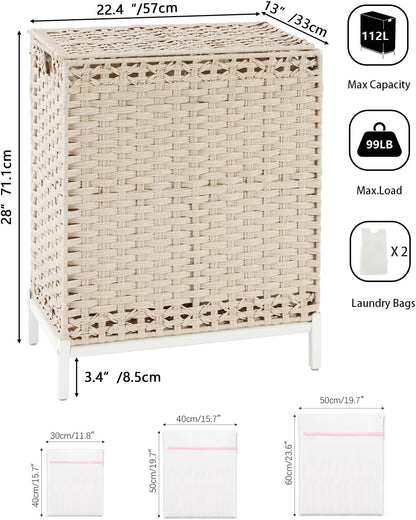Laundry Hamper with Lid, 112 L Handwoven Rattan Wicker Laundry Basket, 2 Removable Liner Bags Metal Heightened Feet, 6 Mesh Bags, 2 Section Large Clothes Hamper for Bathroom Bedroom, Natural