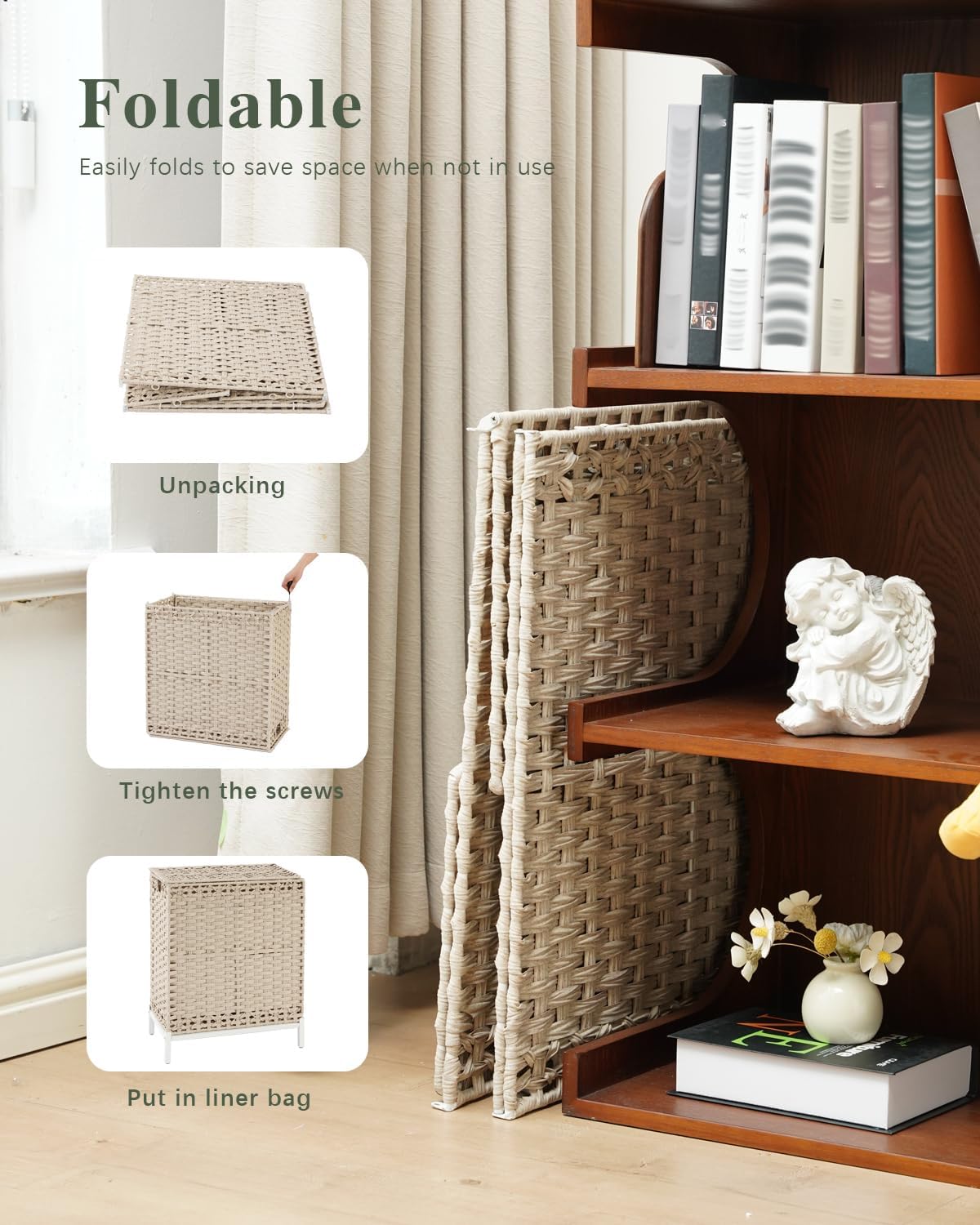 Laundry Hamper with Lid, 112 L Handwoven Rattan Wicker Laundry Basket, 2 Removable Liner Bags Metal Heightened Feet, 6 Mesh Bags, 2 Section Large Clothes Hamper for Bathroom Bedroom, Natural