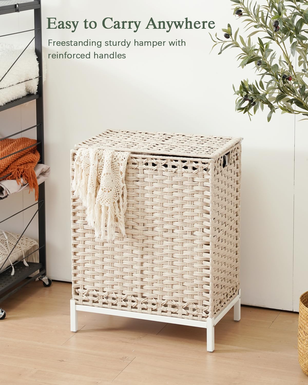 Laundry Hamper with Lid, 112 L Handwoven Rattan Wicker Laundry Basket, 2 Removable Liner Bags Metal Heightened Feet, 6 Mesh Bags, 2 Section Large Clothes Hamper for Bathroom Bedroom, Natural