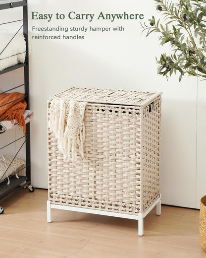 Laundry Hamper with Lid, 112 L Handwoven Rattan Wicker Laundry Basket, 2 Removable Liner Bags Metal Heightened Feet, 6 Mesh Bags, 2 Section Large Clothes Hamper for Bathroom Bedroom, Natural