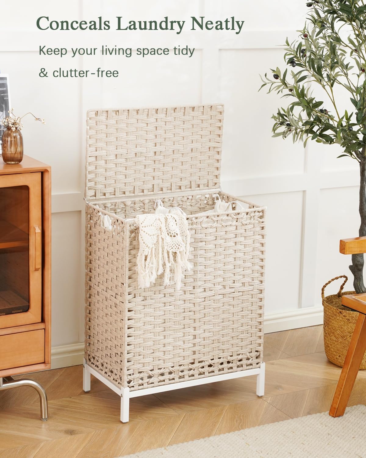 Laundry Hamper with Lid, 112 L Handwoven Rattan Wicker Laundry Basket, 2 Removable Liner Bags Metal Heightened Feet, 6 Mesh Bags, 2 Section Large Clothes Hamper for Bathroom Bedroom, Natural