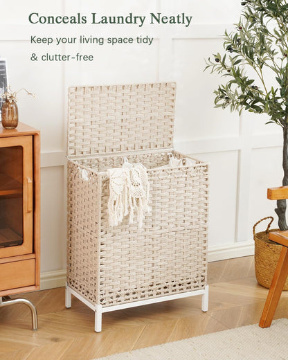 Laundry Hamper with Lid, 112 L Handwoven Rattan Wicker Laundry Basket, 2 Removable Liner Bags Metal Heightened Feet, 6 Mesh Bags, 2 Section Large Clothes Hamper for Bathroom Bedroom, Natural
