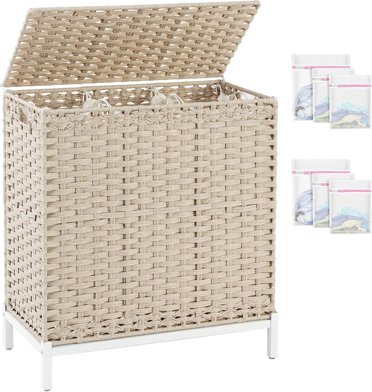 Laundry Hamper with Lid, 112 L Handwoven Rattan Wicker Laundry Basket, 2 Removable Liner Bags Metal Heightened Feet, 6 Mesh Bags, 2 Section Large Clothes Hamper for Bathroom Bedroom, Natural