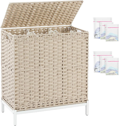 Laundry Hamper with Lid, 112 L Handwoven Rattan Wicker Laundry Basket, 2 Removable Liner Bags Metal Heightened Feet, 6 Mesh Bags, 2 Section Large Clothes Hamper for Bathroom Bedroom, Natural