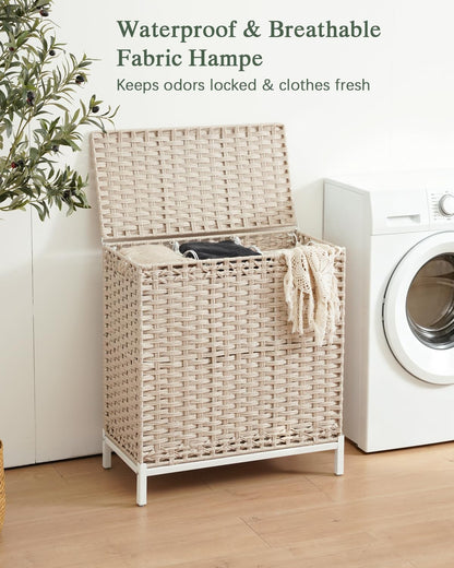 Laundry Hamper with Lid, 112 L Handwoven Rattan Wicker Laundry Basket, 2 Removable Liner Bags Metal Heightened Feet, 6 Mesh Bags, 2 Section Large Clothes Hamper for Bathroom Bedroom, Natural