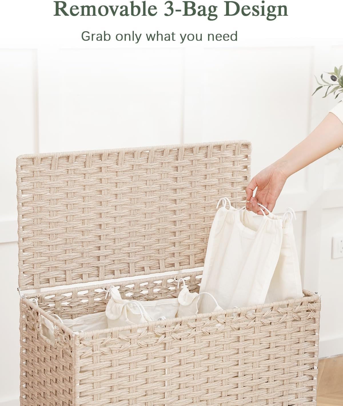 Laundry Hamper with Lid, 112 L Handwoven Rattan Wicker Laundry Basket, 2 Removable Liner Bags Metal Heightened Feet, 6 Mesh Bags, 2 Section Large Clothes Hamper for Bathroom Bedroom, Natural