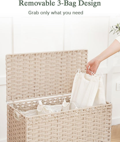 Laundry Hamper with Lid, 112 L Handwoven Rattan Wicker Laundry Basket, 2 Removable Liner Bags Metal Heightened Feet, 6 Mesh Bags, 2 Section Large Clothes Hamper for Bathroom Bedroom, Natural