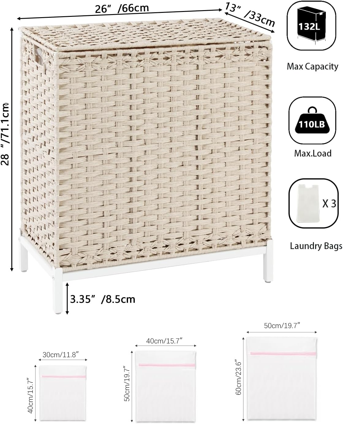 Laundry Hamper with Lid, 112 L Handwoven Rattan Wicker Laundry Basket, 2 Removable Liner Bags Metal Heightened Feet, 6 Mesh Bags, 2 Section Large Clothes Hamper for Bathroom Bedroom, Natural