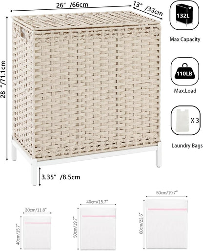 Laundry Hamper with Lid, 112 L Handwoven Rattan Wicker Laundry Basket, 2 Removable Liner Bags Metal Heightened Feet, 6 Mesh Bags, 2 Section Large Clothes Hamper for Bathroom Bedroom, Natural
