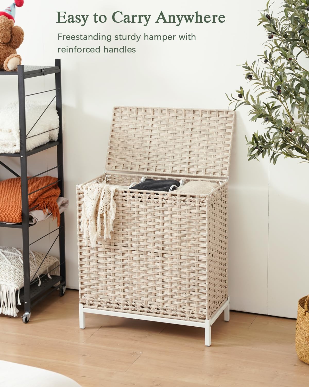 Laundry Hamper with Lid, 112 L Handwoven Rattan Wicker Laundry Basket, 2 Removable Liner Bags Metal Heightened Feet, 6 Mesh Bags, 2 Section Large Clothes Hamper for Bathroom Bedroom, Natural