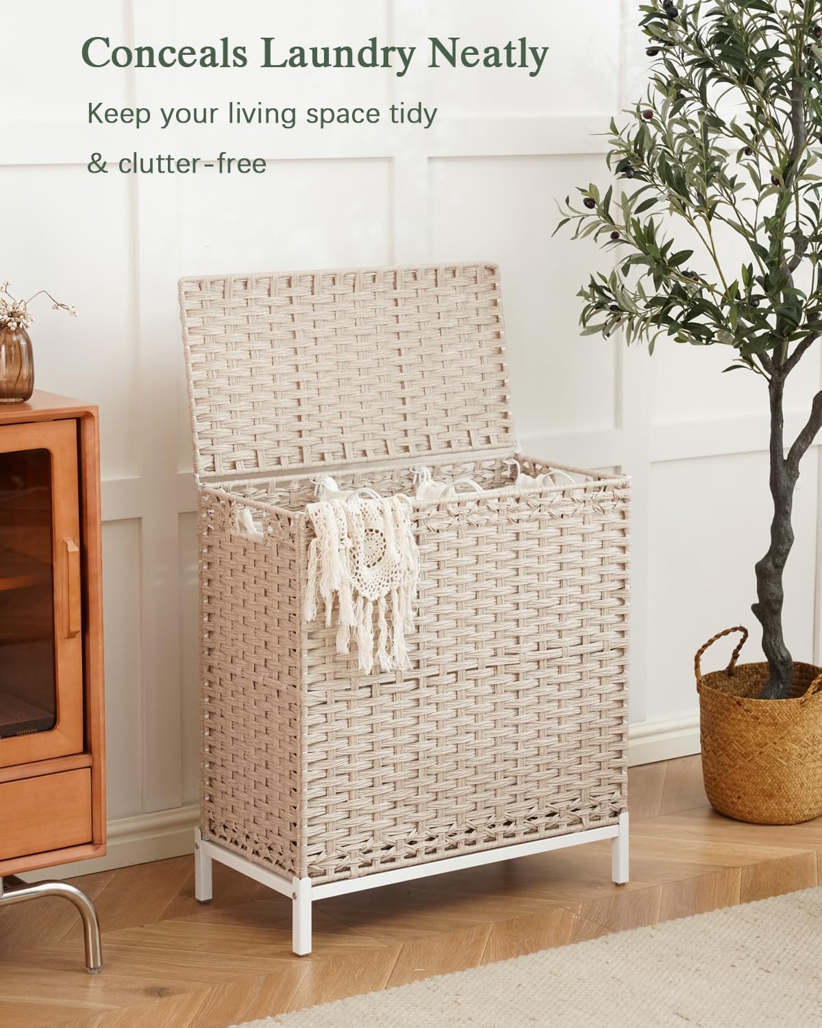 Laundry Hamper with Lid, 112 L Handwoven Rattan Wicker Laundry Basket, 2 Removable Liner Bags Metal Heightened Feet, 6 Mesh Bags, 2 Section Large Clothes Hamper for Bathroom Bedroom, Natural