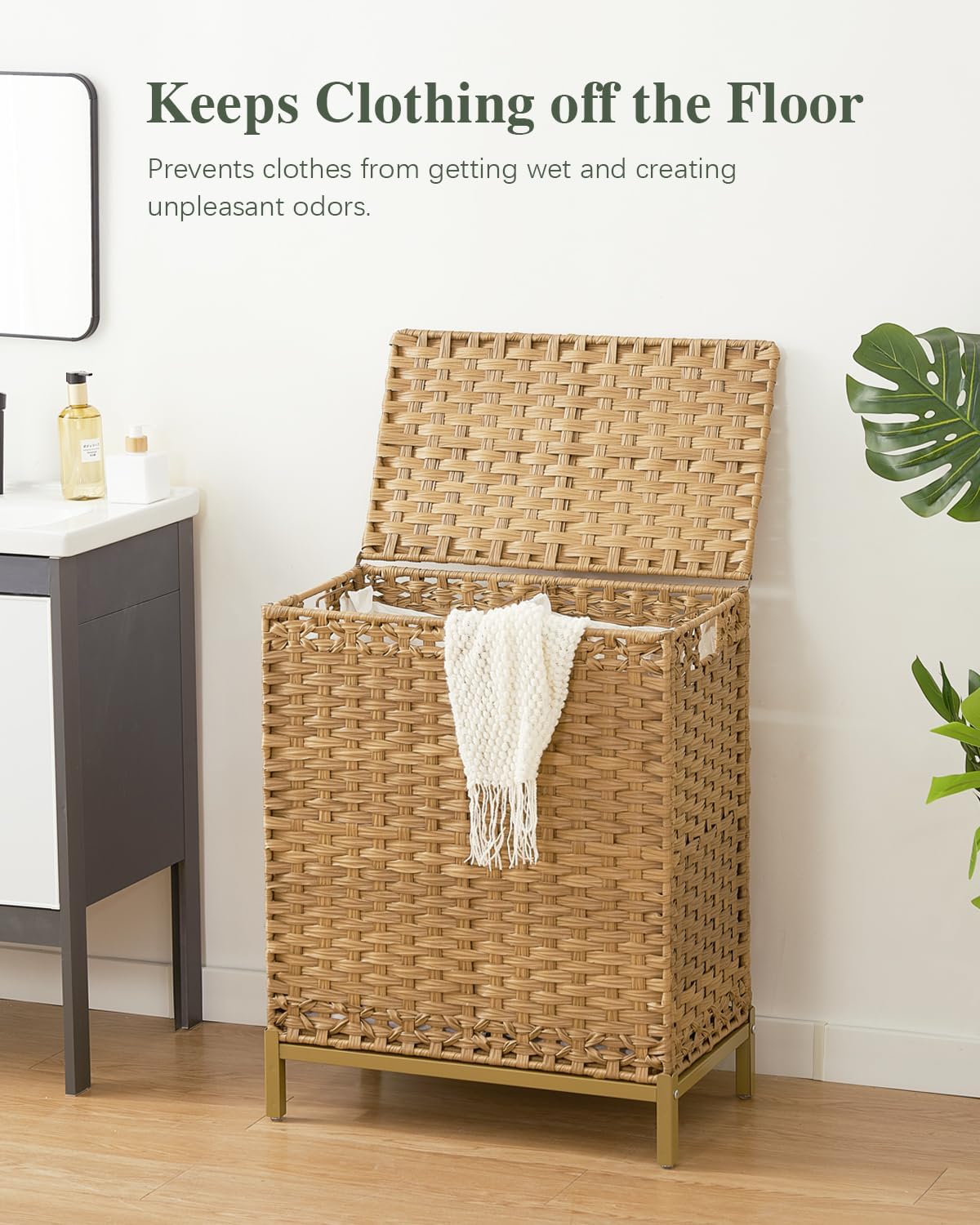 Laundry Hamper with Lid, 112 L Handwoven Rattan Wicker Laundry Basket, 2 Removable Liner Bags Metal Heightened Feet, 6 Mesh Bags, 2 Section Large Clothes Hamper for Bathroom Bedroom, Natural
