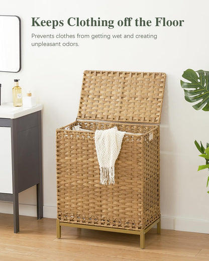 Laundry Hamper with Lid, 112 L Handwoven Rattan Wicker Laundry Basket, 2 Removable Liner Bags Metal Heightened Feet, 6 Mesh Bags, 2 Section Large Clothes Hamper for Bathroom Bedroom, Natural