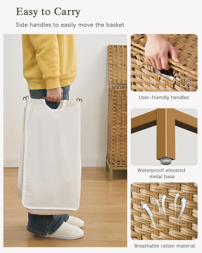 Laundry Hamper with Lid, 112 L Handwoven Rattan Wicker Laundry Basket, 2 Removable Liner Bags Metal Heightened Feet, 6 Mesh Bags, 2 Section Large Clothes Hamper for Bathroom Bedroom, Natural