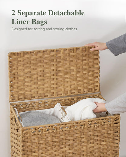 Laundry Hamper with Lid, 112 L Handwoven Rattan Wicker Laundry Basket, 2 Removable Liner Bags Metal Heightened Feet, 6 Mesh Bags, 2 Section Large Clothes Hamper for Bathroom Bedroom, Natural