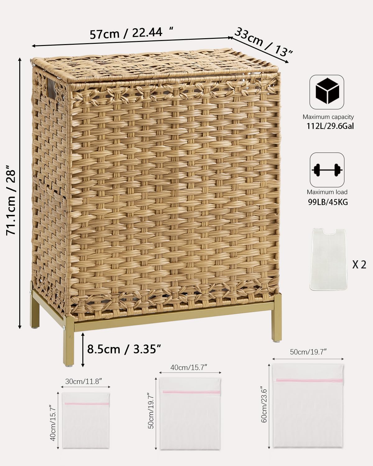 Laundry Hamper with Lid, 112 L Handwoven Rattan Wicker Laundry Basket, 2 Removable Liner Bags Metal Heightened Feet, 6 Mesh Bags, 2 Section Large Clothes Hamper for Bathroom Bedroom, Natural