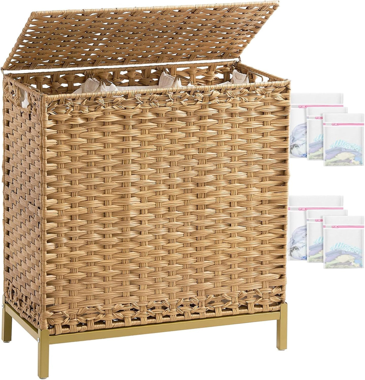Laundry Hamper with Lid, 112 L Handwoven Rattan Wicker Laundry Basket, 2 Removable Liner Bags Metal Heightened Feet, 6 Mesh Bags, 2 Section Large Clothes Hamper for Bathroom Bedroom, Natural