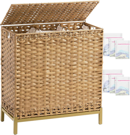 Laundry Hamper with Lid, 112 L Handwoven Rattan Wicker Laundry Basket, 2 Removable Liner Bags Metal Heightened Feet, 6 Mesh Bags, 2 Section Large Clothes Hamper for Bathroom Bedroom, Natural