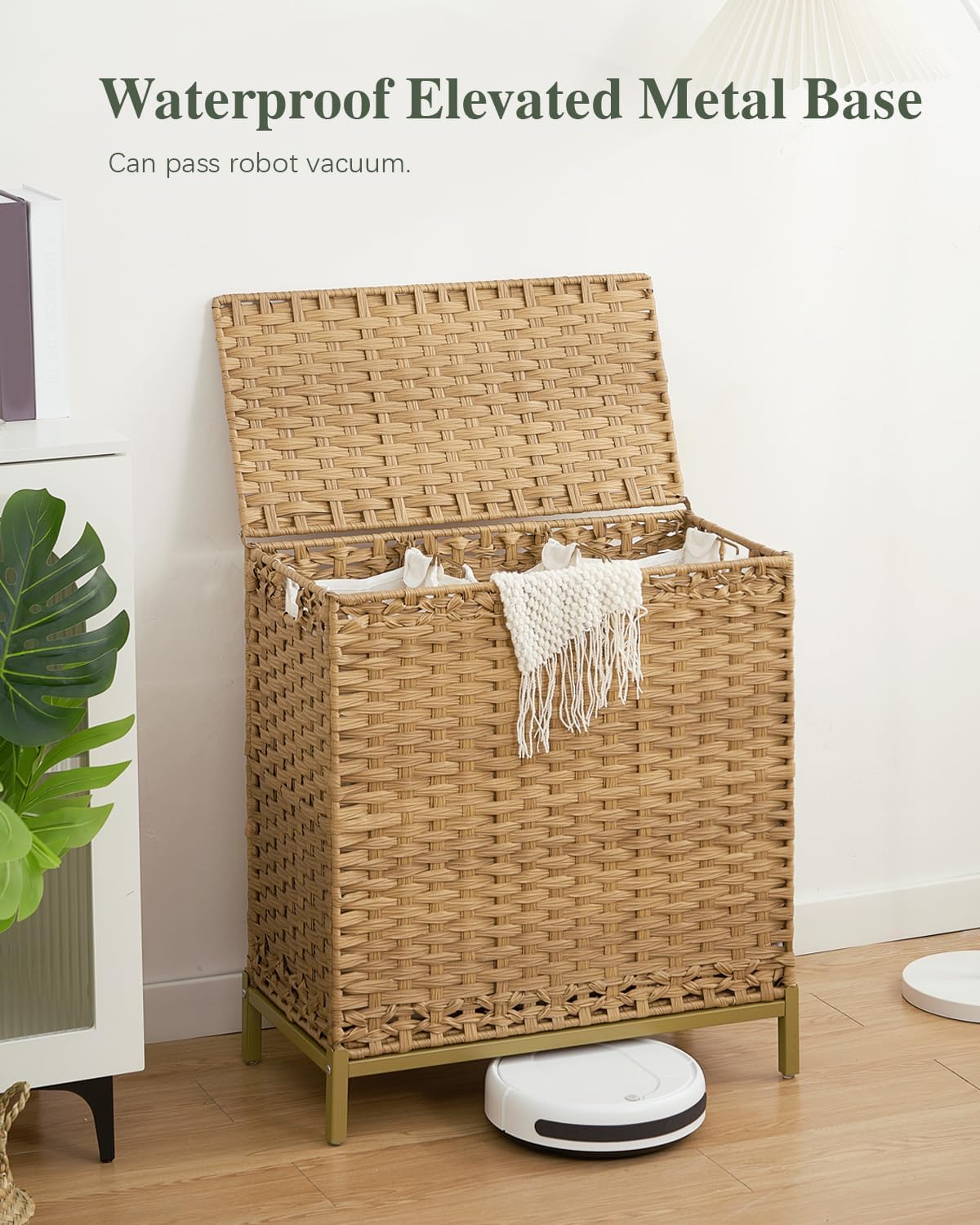 Laundry Hamper with Lid, 112 L Handwoven Rattan Wicker Laundry Basket, 2 Removable Liner Bags Metal Heightened Feet, 6 Mesh Bags, 2 Section Large Clothes Hamper for Bathroom Bedroom, Natural