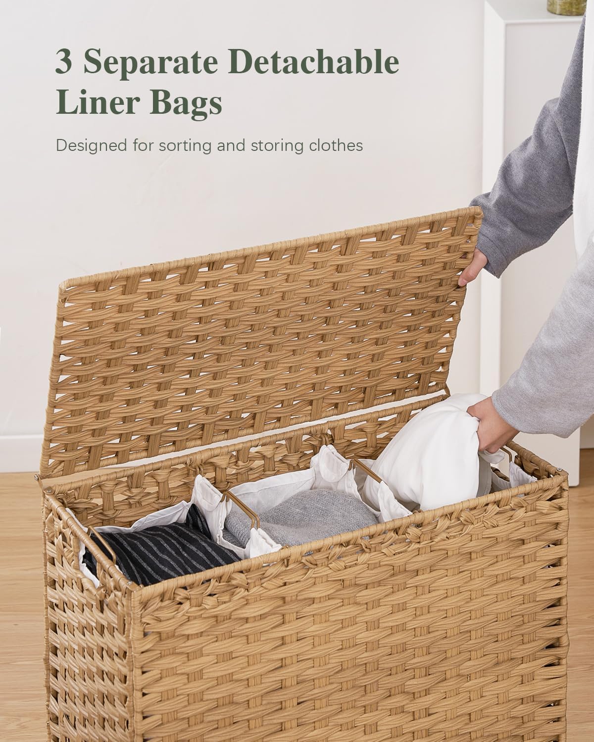 Laundry Hamper with Lid, 112 L Handwoven Rattan Wicker Laundry Basket, 2 Removable Liner Bags Metal Heightened Feet, 6 Mesh Bags, 2 Section Large Clothes Hamper for Bathroom Bedroom, Natural