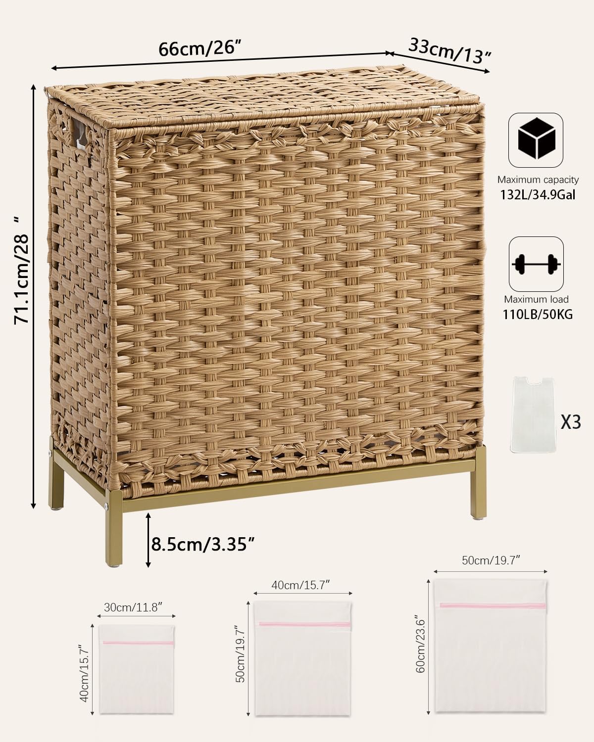 Laundry Hamper with Lid, 112 L Handwoven Rattan Wicker Laundry Basket, 2 Removable Liner Bags Metal Heightened Feet, 6 Mesh Bags, 2 Section Large Clothes Hamper for Bathroom Bedroom, Natural