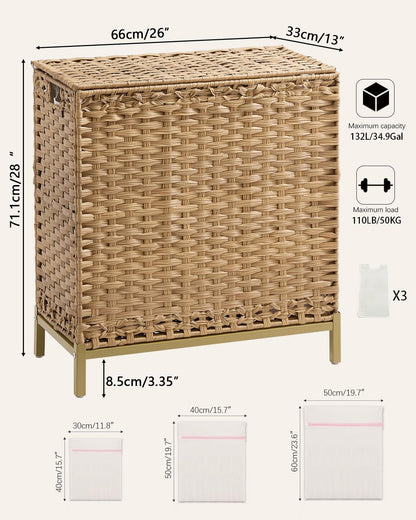 Laundry Hamper with Lid, 112 L Handwoven Rattan Wicker Laundry Basket, 2 Removable Liner Bags Metal Heightened Feet, 6 Mesh Bags, 2 Section Large Clothes Hamper for Bathroom Bedroom, Natural