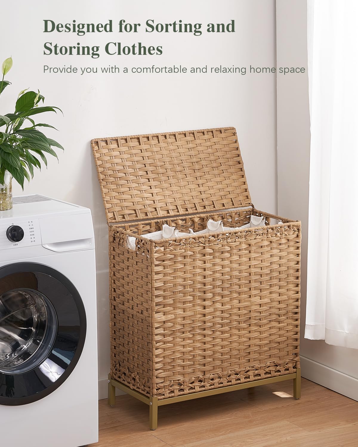 Laundry Hamper with Lid, 112 L Handwoven Rattan Wicker Laundry Basket, 2 Removable Liner Bags Metal Heightened Feet, 6 Mesh Bags, 2 Section Large Clothes Hamper for Bathroom Bedroom, Natural