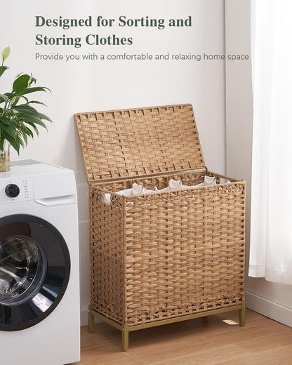 Laundry Hamper with Lid, 112 L Handwoven Rattan Wicker Laundry Basket, 2 Removable Liner Bags Metal Heightened Feet, 6 Mesh Bags, 2 Section Large Clothes Hamper for Bathroom Bedroom, Natural