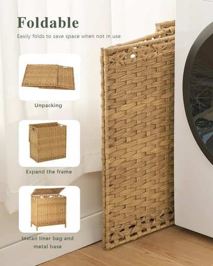 Laundry Hamper with Lid, 112 L Handwoven Rattan Wicker Laundry Basket, 2 Removable Liner Bags Metal Heightened Feet, 6 Mesh Bags, 2 Section Large Clothes Hamper for Bathroom Bedroom, Natural