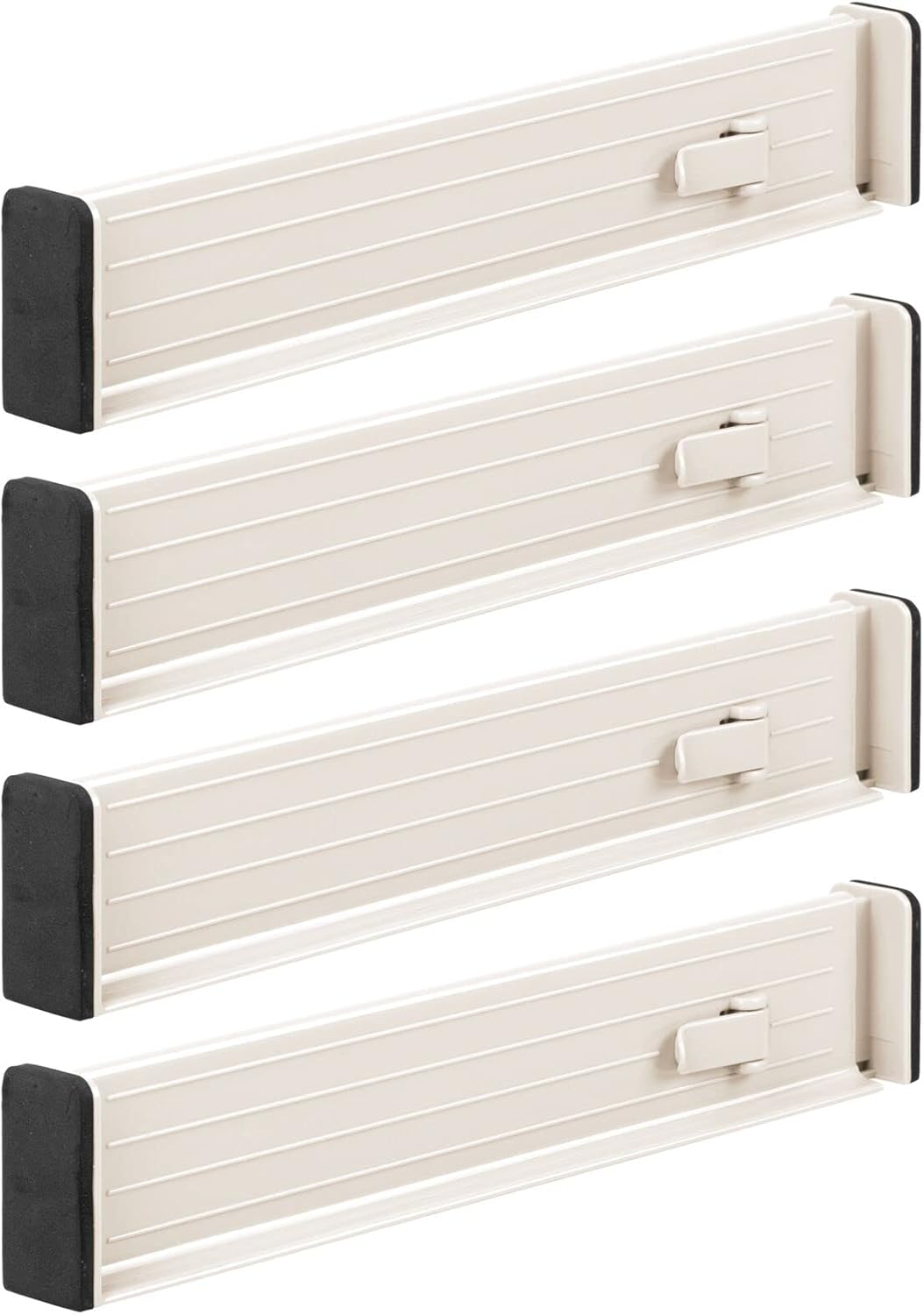 Expandable Dresser Drawer Divider with Foam Ends, Drawer Divider Locks in Place, Separators for Clothing and Accessories in Closet or Dresser Drawer, Ligne Collection, 4 Pack, White