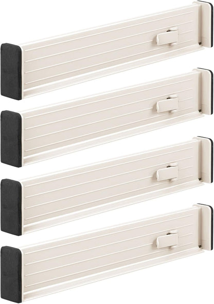 Expandable Dresser Drawer Divider with Foam Ends, Drawer Divider Locks in Place, Separators for Clothing and Accessories in Closet or Dresser Drawer, Ligne Collection, 4 Pack, White