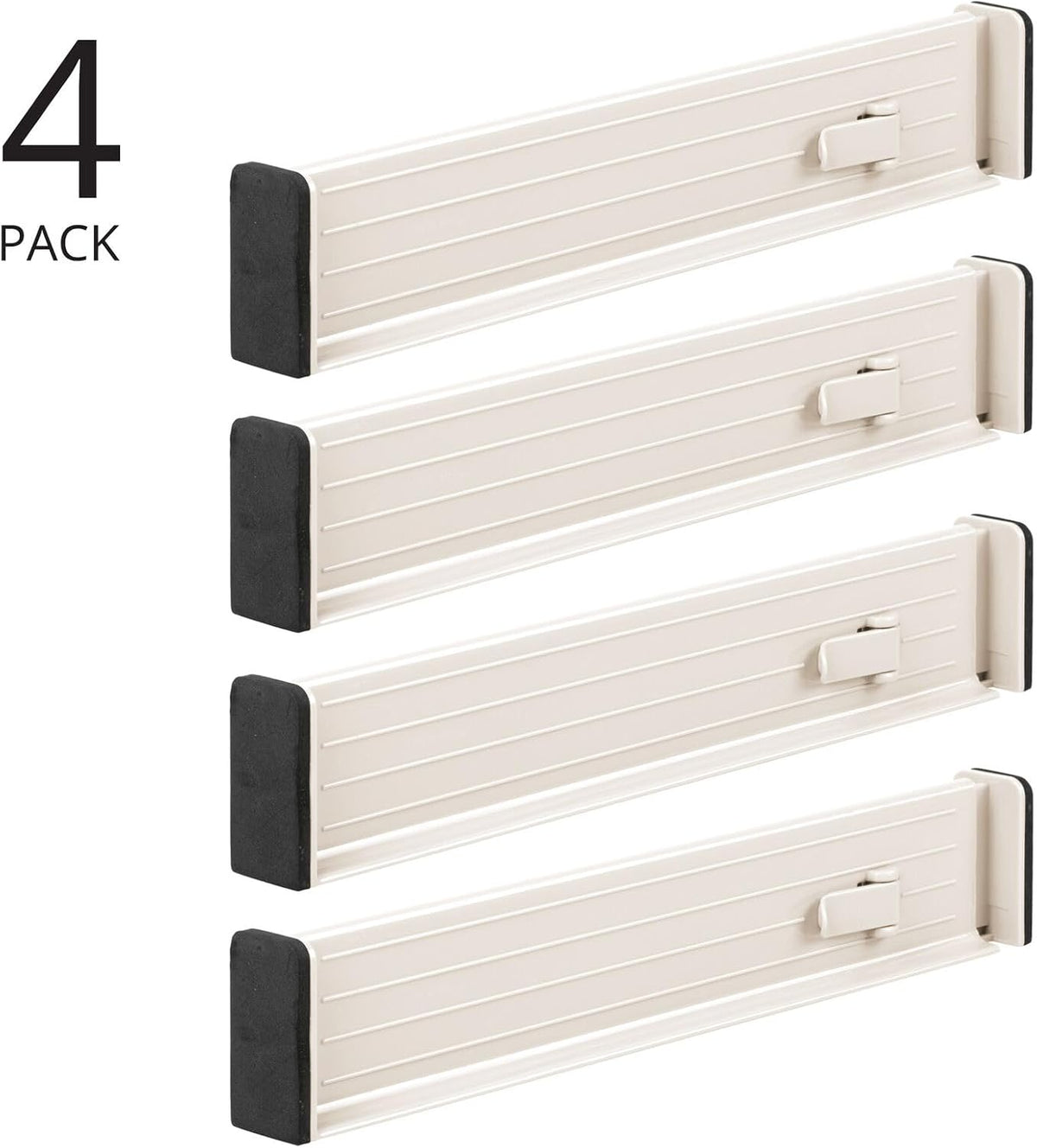 Expandable Dresser Drawer Divider with Foam Ends, Drawer Divider Locks in Place, Separators for Clothing and Accessories in Closet or Dresser Drawer, Ligne Collection, 4 Pack, White