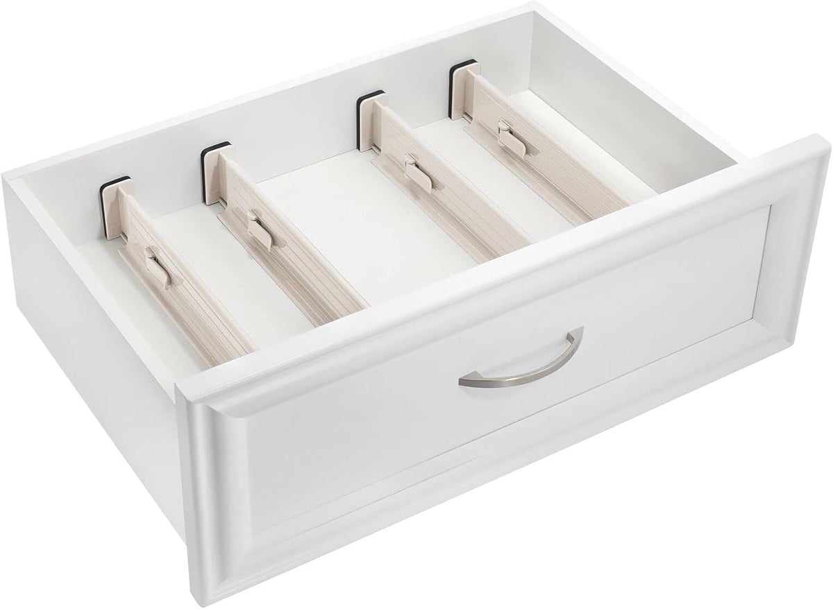 Expandable Dresser Drawer Divider with Foam Ends, Drawer Divider Locks in Place, Separators for Clothing and Accessories in Closet or Dresser Drawer, Ligne Collection, 4 Pack, White