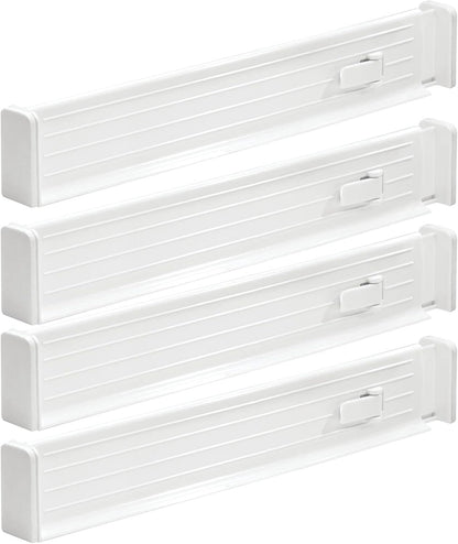 Expandable Dresser Drawer Divider with Foam Ends, Drawer Divider Locks in Place, Separators for Clothing and Accessories in Closet or Dresser Drawer, Ligne Collection, 4 Pack, White