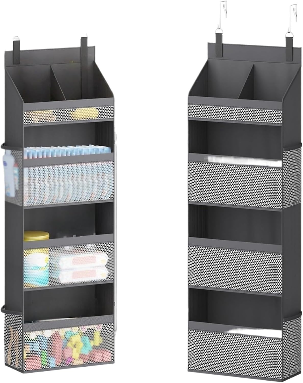 Over The Door Hanging Storage Organizer, 5-Tier Large Capacity Mesh Wall Storage Caddy with Side Pockets for Bathroom Bedroom Pantry