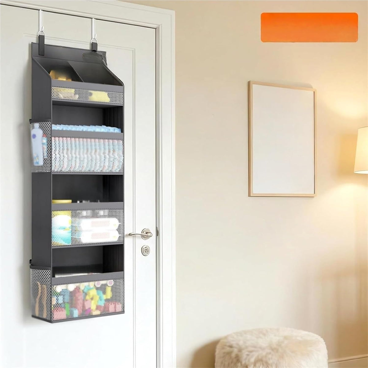 Over The Door Hanging Storage Organizer, 5-Tier Large Capacity Mesh Wall Storage Caddy with Side Pockets for Bathroom Bedroom Pantry