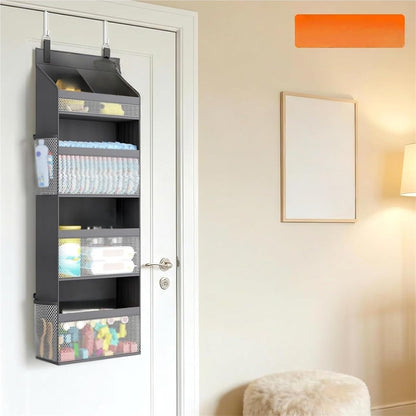 Over The Door Hanging Storage Organizer, 5-Tier Large Capacity Mesh Wall Storage Caddy with Side Pockets for Bathroom Bedroom Pantry