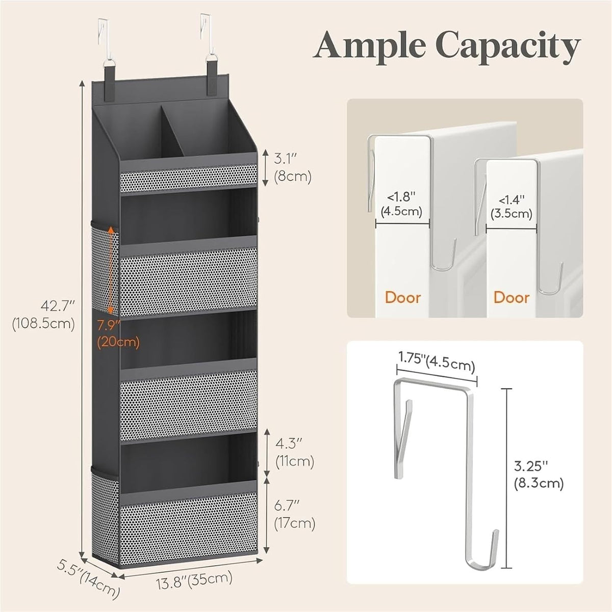 Over The Door Hanging Storage Organizer, 5-Tier Large Capacity Mesh Wall Storage Caddy with Side Pockets for Bathroom Bedroom Pantry