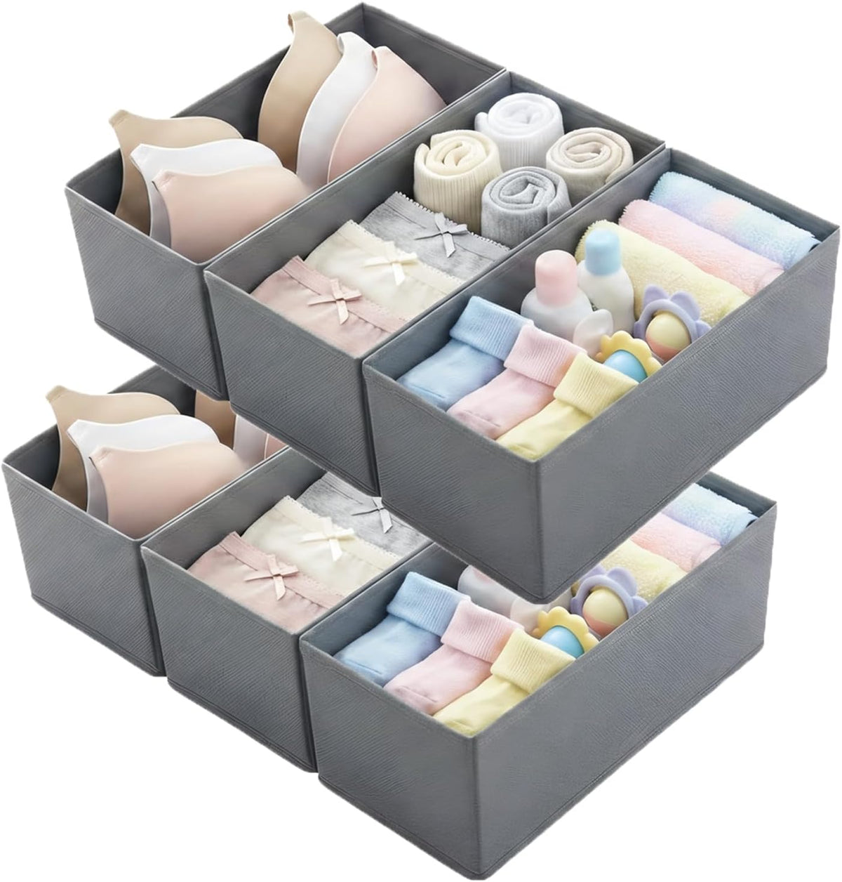 Small Foldable Fabric Drawer Organizer 3-Pack - 11" Breathable Closet & Dresser Storage Bins for Underwear, Socks, Baby Clothes & Bras, Grey