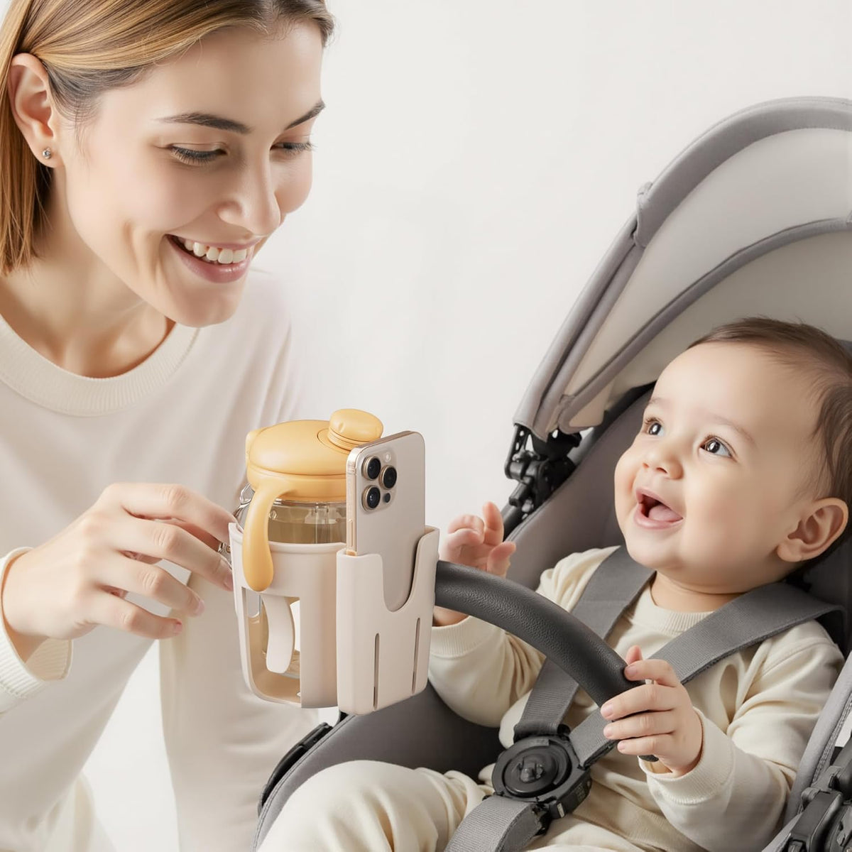 Universal Stroller Cup Holder - 2-in-1 Wheelchair Cup Holder Adjustable Bike Drink Holder with Phone Holder Accessories for Rollator,Bike,Scooter,Walker(Beige)