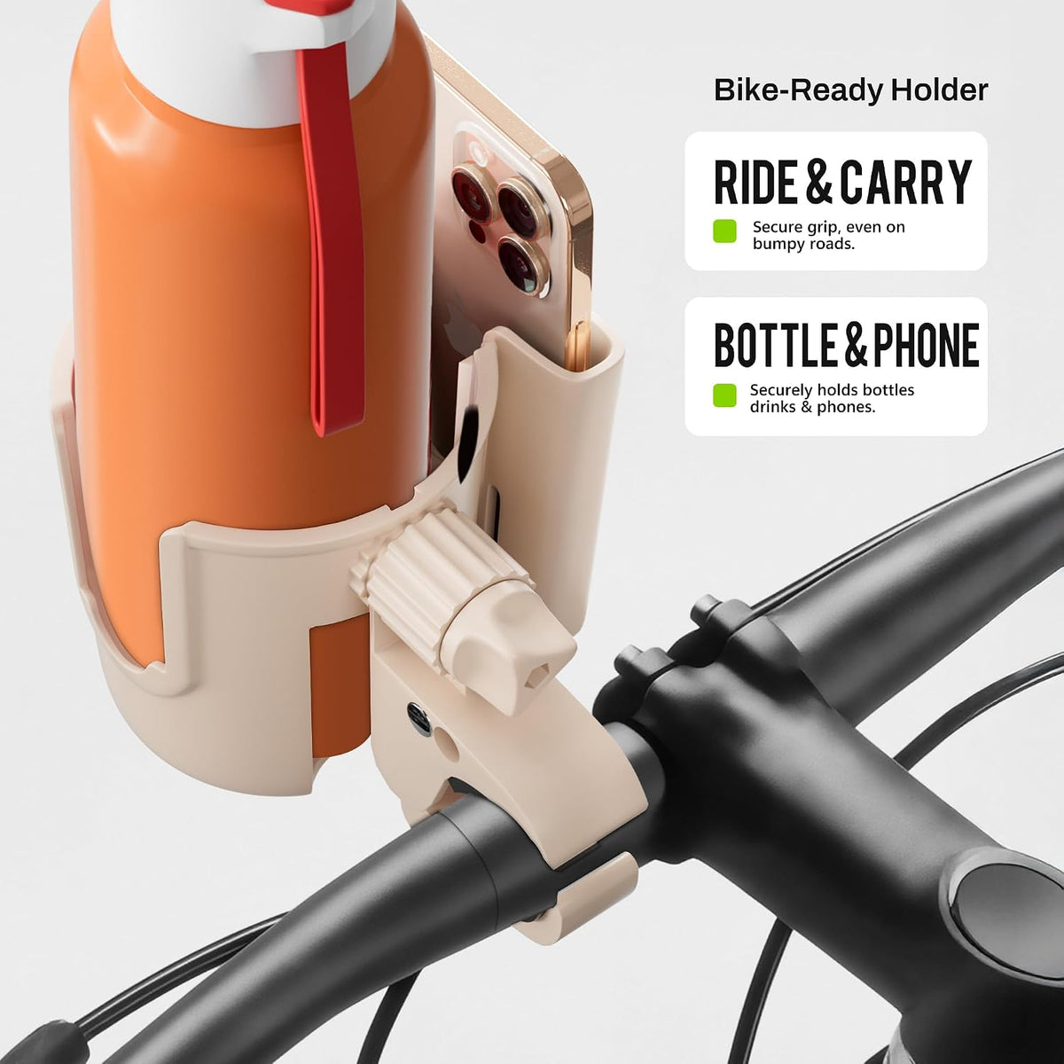 Universal Stroller Cup Holder - 2-in-1 Wheelchair Cup Holder Adjustable Bike Drink Holder with Phone Holder Accessories for Rollator,Bike,Scooter,Walker(Beige)