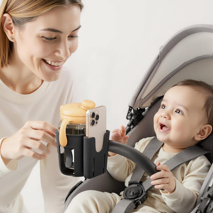 Universal Stroller Cup Holder - 2-in-1 Wheelchair Cup Holder Adjustable Bike Drink Holder with Phone Holder Accessories for Rollator,Bike,Scooter,Walker(Beige)