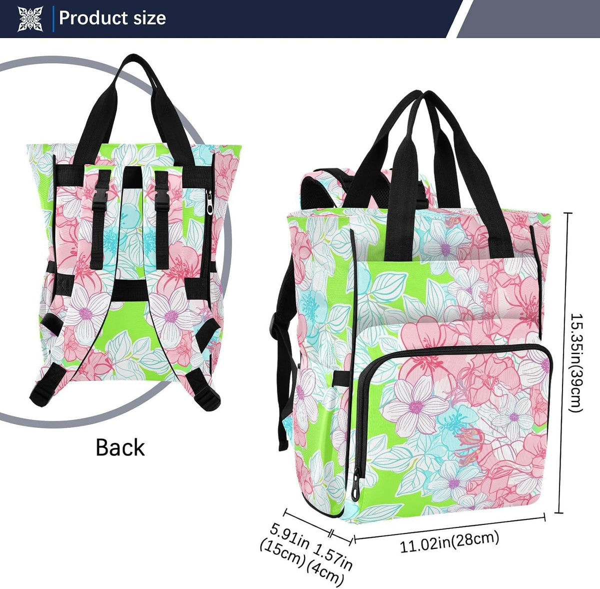 Diaper Bag Backpack, Multifunction Travel Bag for Moms Dads, Baby Changing Bag with Insulted Pockets, Stroller Straps and Side Bottle Pockets Delicate Line Florals