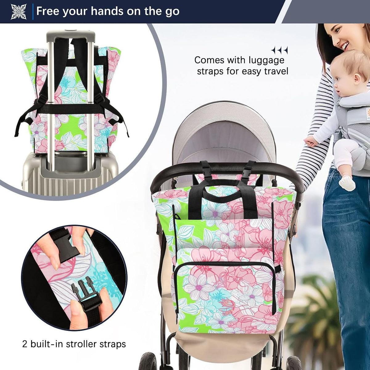 Diaper Bag Backpack, Multifunction Travel Bag for Moms Dads, Baby Changing Bag with Insulted Pockets, Stroller Straps and Side Bottle Pockets Delicate Line Florals