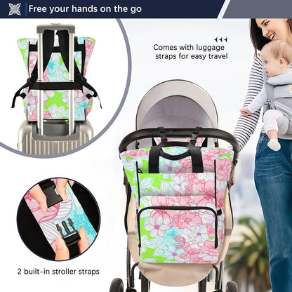 Diaper Bag Backpack, Multifunction Travel Bag for Moms Dads, Baby Changing Bag with Insulted Pockets, Stroller Straps and Side Bottle Pockets Delicate Line Florals