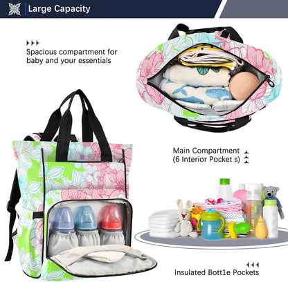 Diaper Bag Backpack, Multifunction Travel Bag for Moms Dads, Baby Changing Bag with Insulted Pockets, Stroller Straps and Side Bottle Pockets Delicate Line Florals
