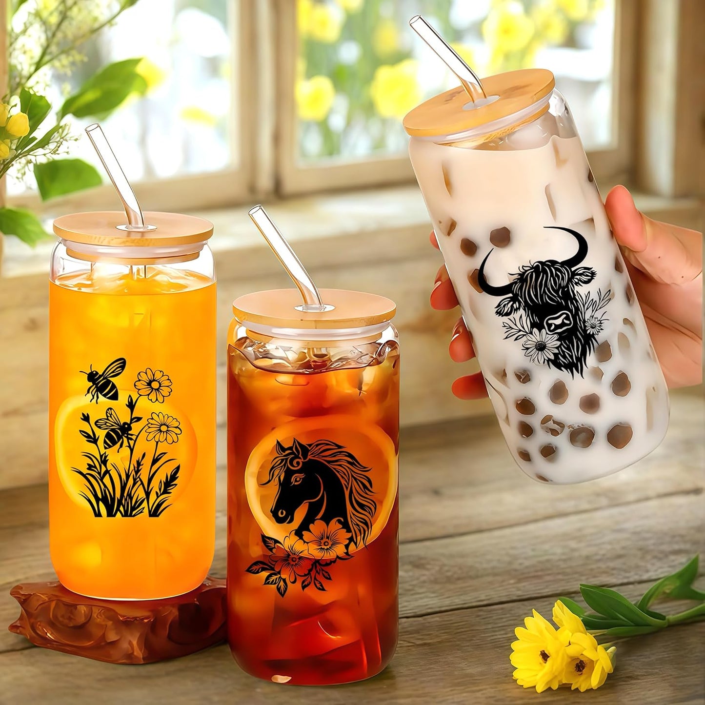 Cute Owl Glass Cup With Lids And Straws, Owl Gift For Women, IIced, Coffee, Smoothie, Cocktail, Beer, Whiskey, Soda, Matcha,16 Oz, Home Office Table Desk Decoration!